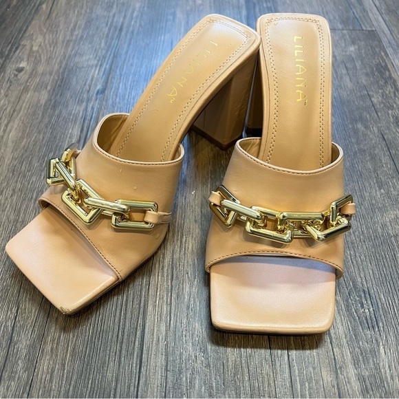 Women’s Chain Slip On Chunky Heels Shoes Sandals Tan Size 8 - Picture 1 of 13